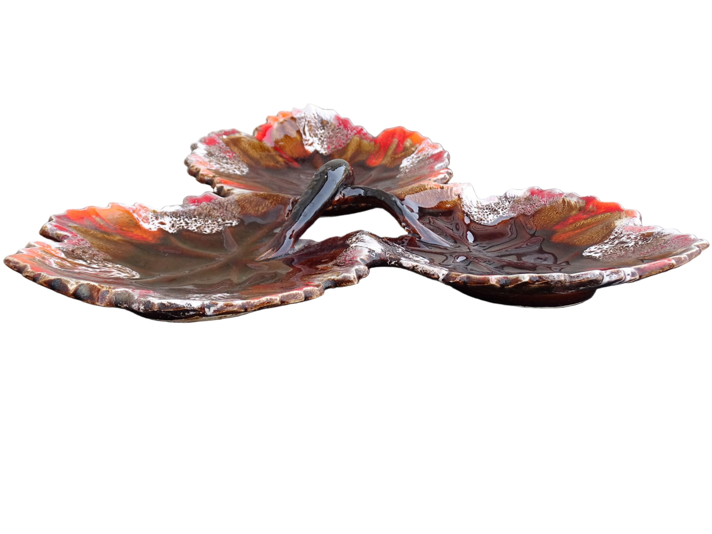 French vintage Vallauris pottery dishes trio with a brown and red glaze. 