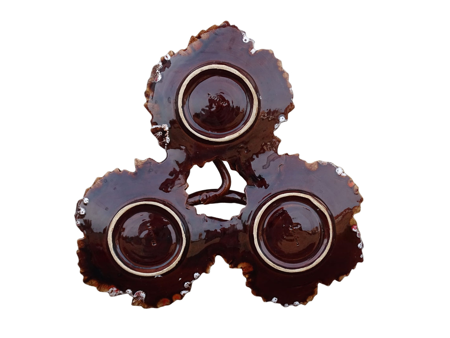 French vintage Vallauris pottery dishes trio with a brown and red glaze. 