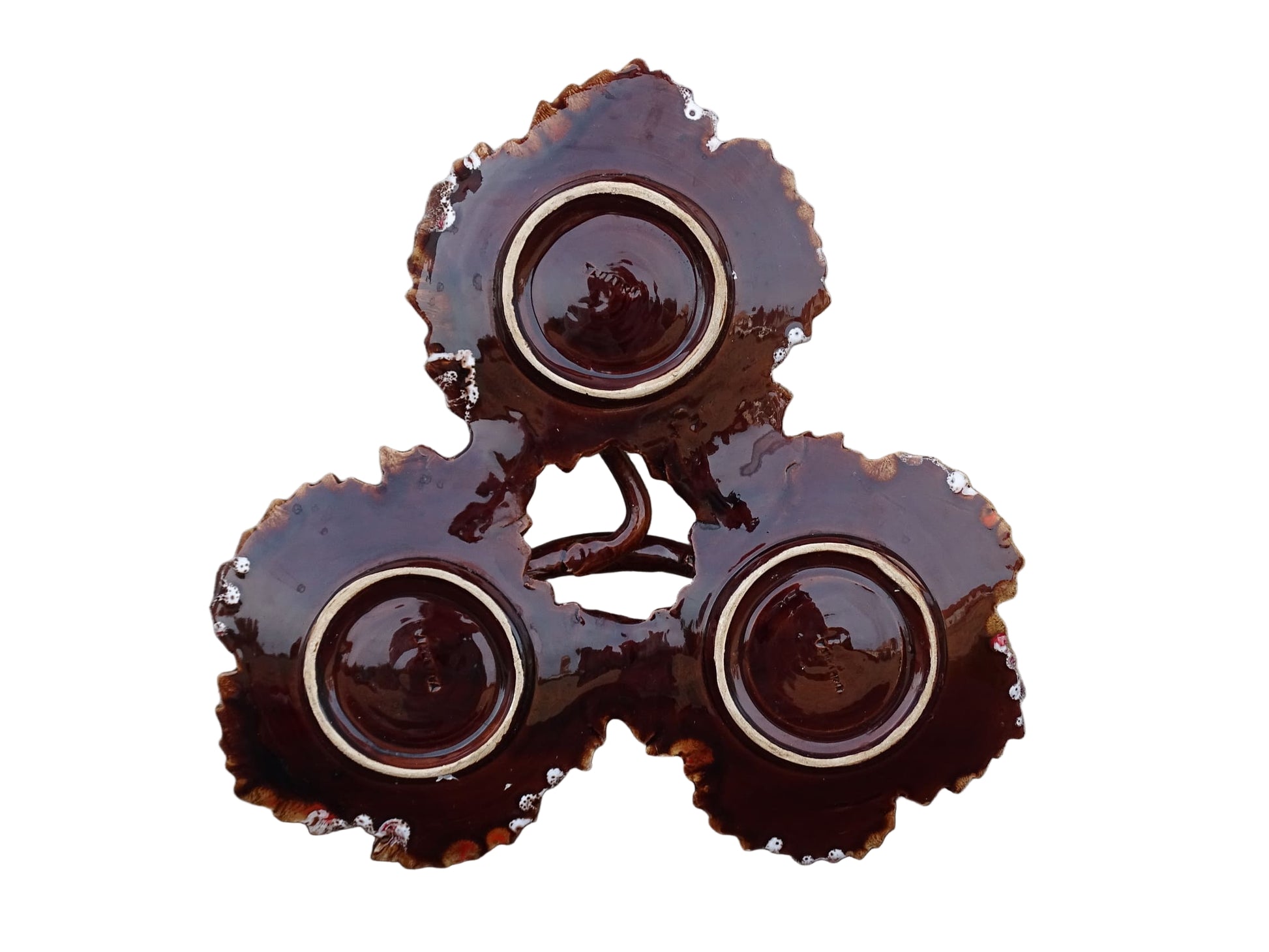 French vintage Vallauris pottery dishes trio with a brown and red glaze. 