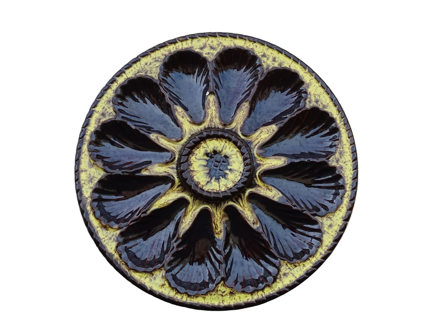 Large French vintage Vallauris pottery oyster plate by Maruis Giuge with space for twelve oysters. It has a yellow and brown glaze.