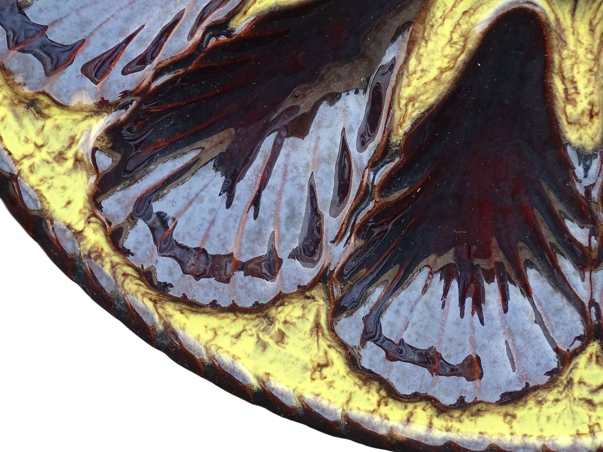 Large French vintage Vallauris pottery oyster plate by Maruis Giuge with space for twelve oysters. It has a yellow and brown glaze.