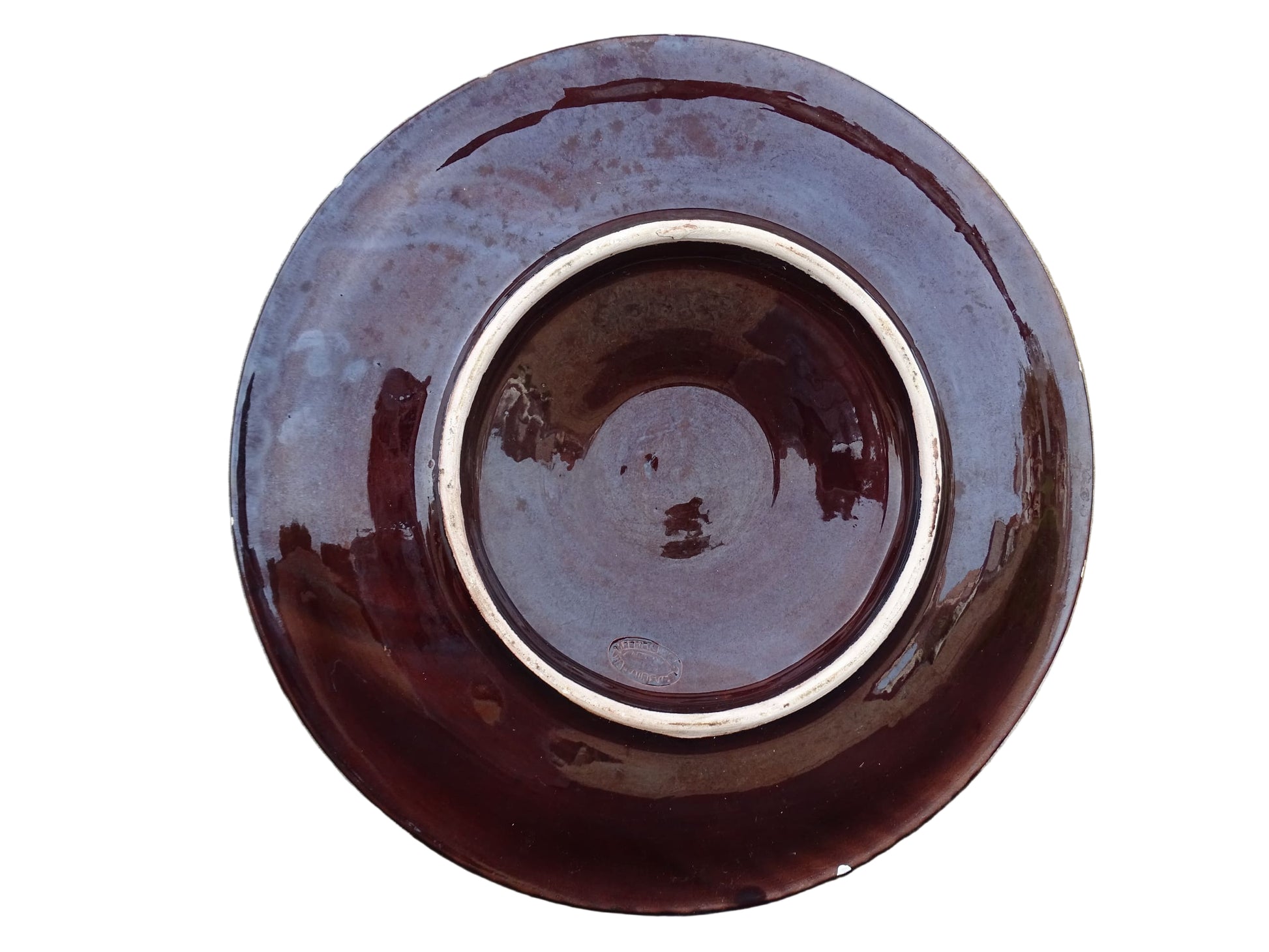 Large French vintage Vallauris pottery oyster plate by Maruis Giuge with space for twelve oysters. It has a yellow and brown glaze.