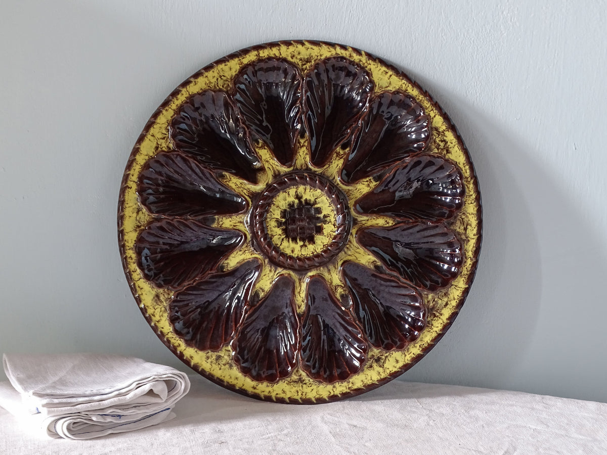French vintage ceramic oyster serving platter with yellow and brown glaze from Vallauris