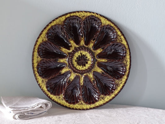 French vintage ceramic oyster serving platter with yellow and brown glaze from Vallauris
