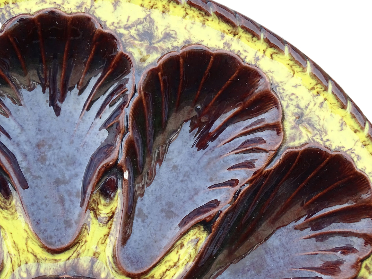 Large French vintage Vallauris ceramic oyster plate by Maruis Giuge. Serving platter with space for twelve oysters. It has a yellow and brown glaze.