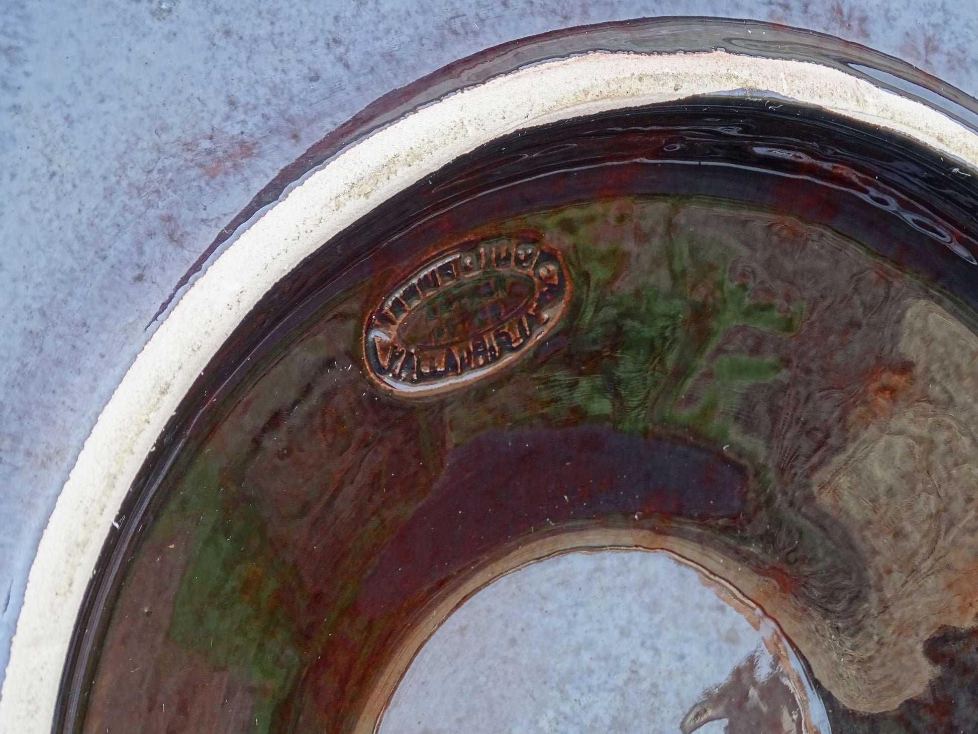 Large French vintage Vallauris ceramic oyster plate by Maruis Giuge. Serving platter with space for twelve oysters. It has a yellow and brown glaze.