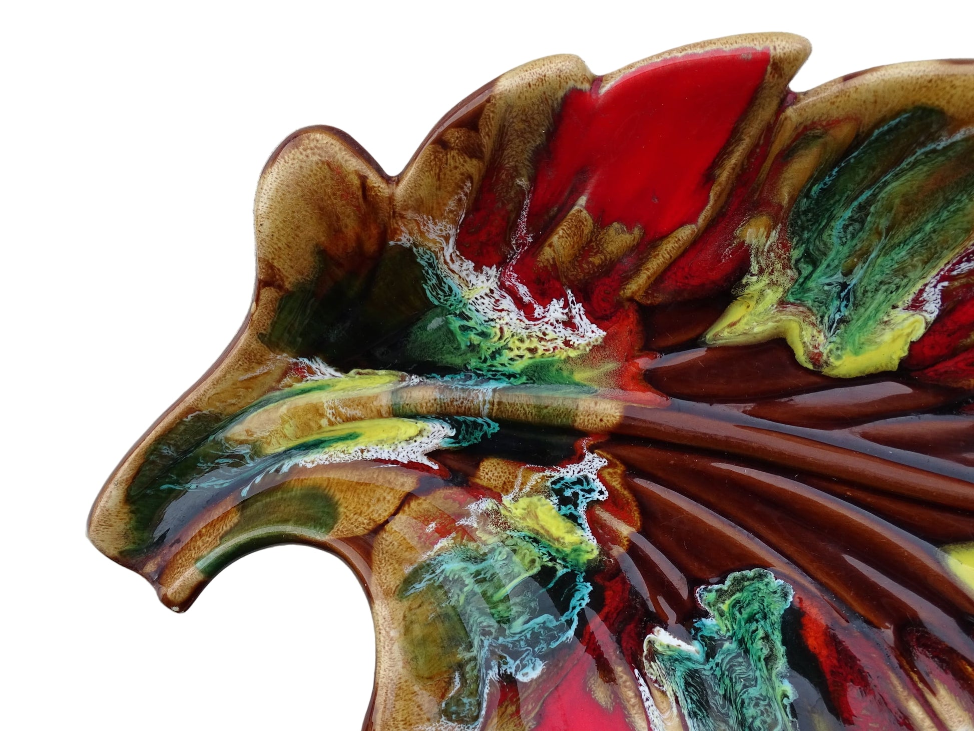 French vintage Vallauris ceramic bowl in a leaf design and glazed in brown and red with details in green, yellow and white. 