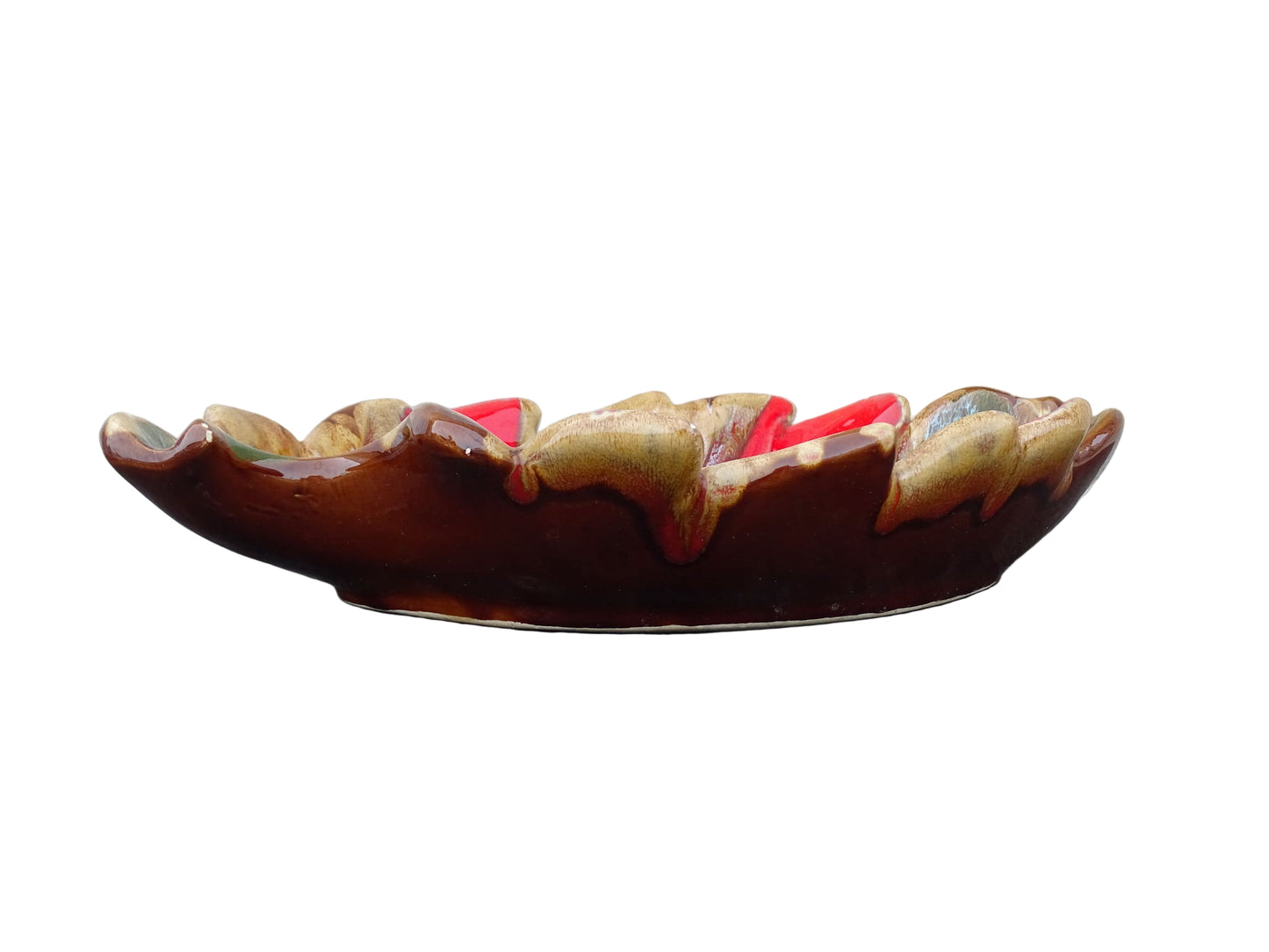 French vintage Vallauris ceramic bowl in a leaf design and glazed in brown and red with details in green, yellow and white. 