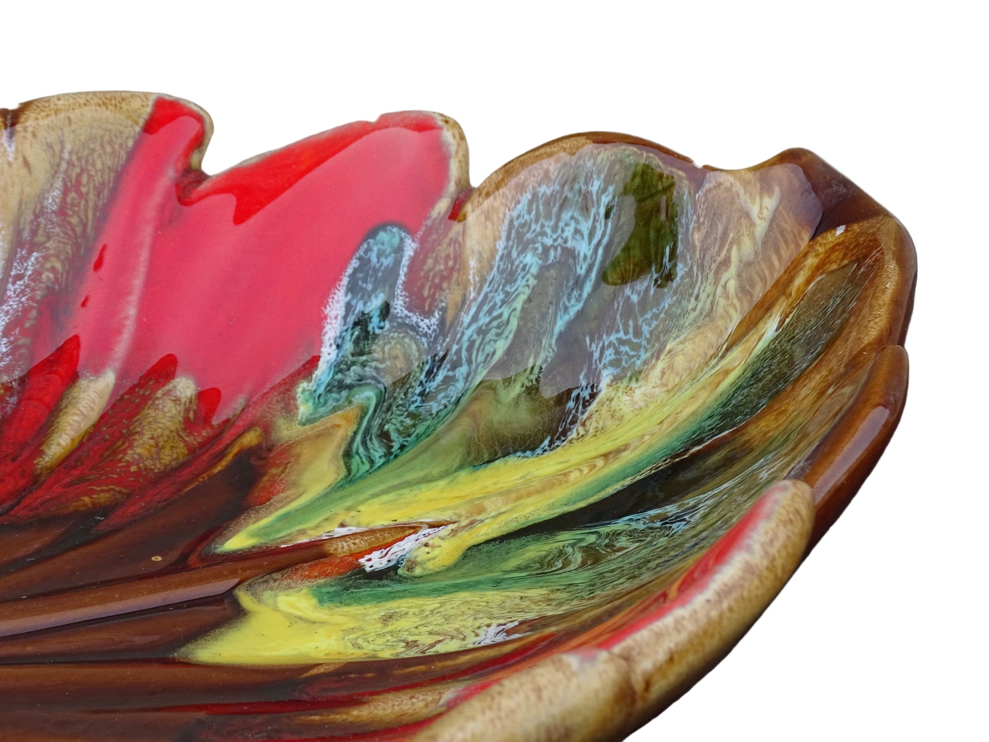 French vintage Vallauris ceramic bowl in a leaf design and glazed in brown and red with details in green, yellow and white. 