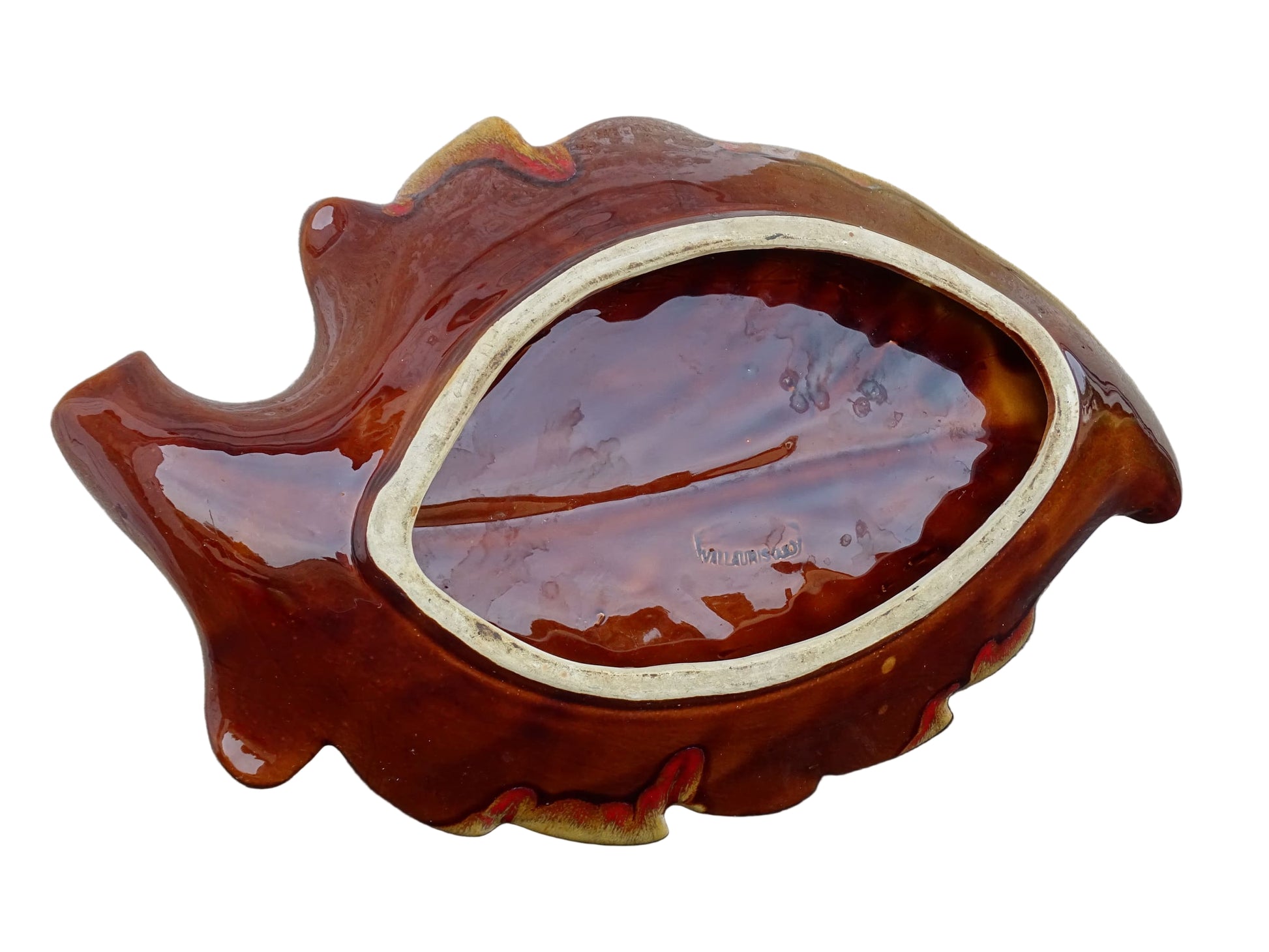 French vintage Vallauris ceramic bowl in a leaf design and glazed in brown and red with details in green, yellow and white. 