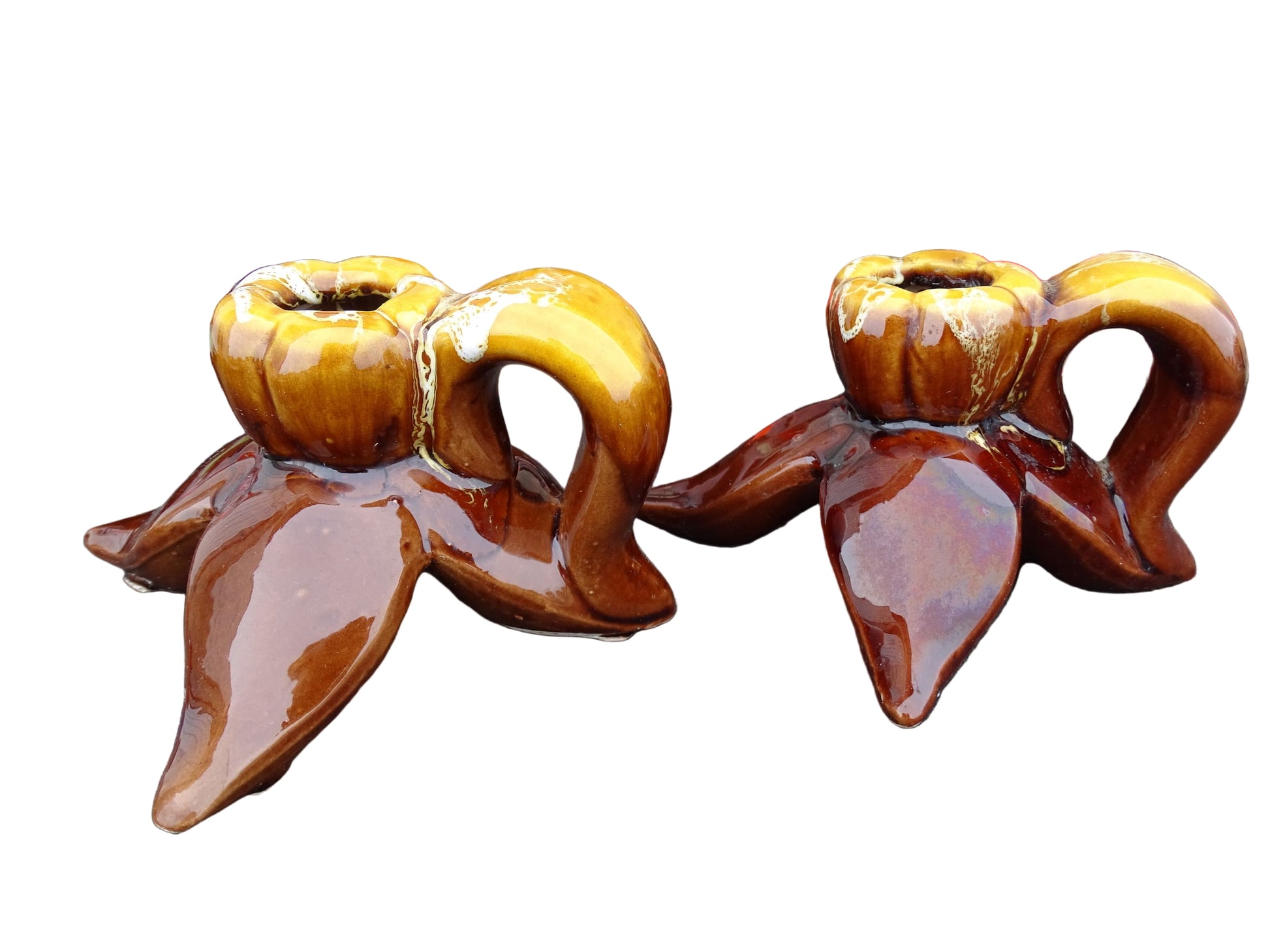 French vintage Vallauris pottery candle holders with a brown and yellow glaze. 