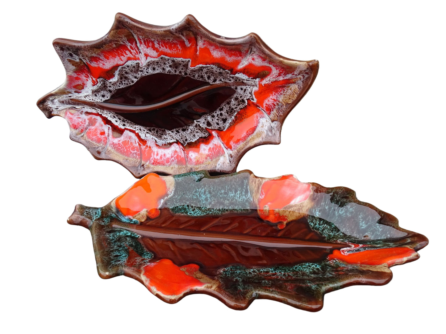 French vintage Vallauris pottery leaf-shaped bowls glazed in brown, red and green.