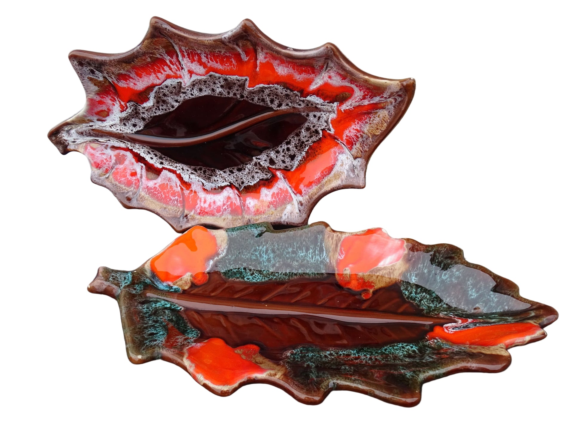 French vintage Vallauris pottery leaf-shaped bowls glazed in brown, red and green.