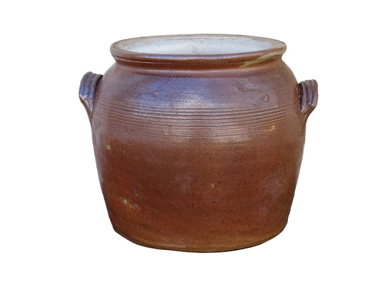 Rutsic French antique stoneware confit pot with a brown glaze. Salt glazed pottery cache pot. 