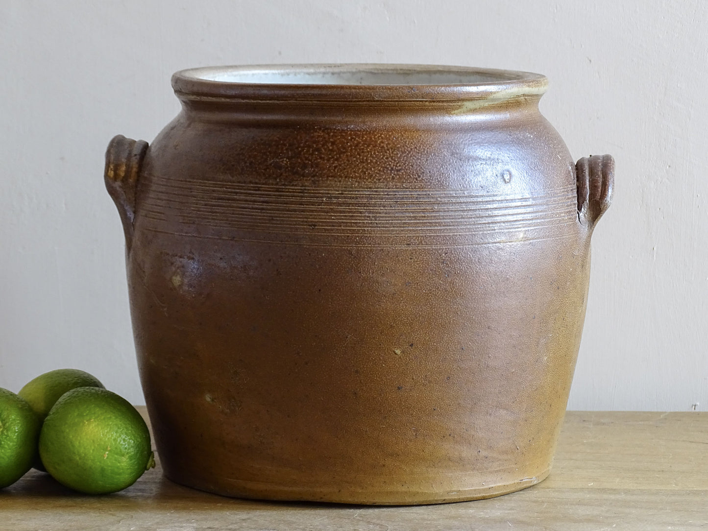 French antique stoneware pot with a brown glaze
