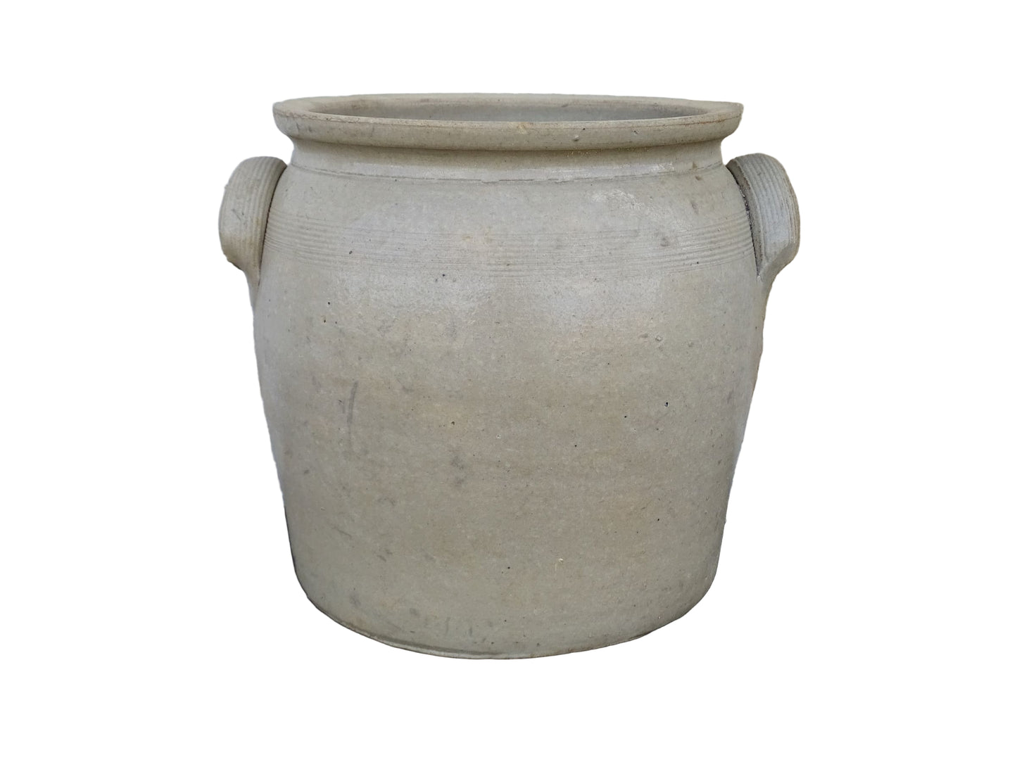 French antique stoneware confit pot with a pale beige glaze. Old cache pot or utensils holder.