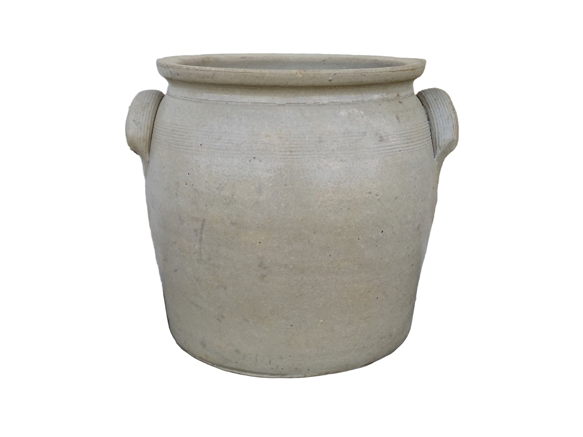 French antique stoneware confit pot with a pale beige glaze. Old cache pot or utensils holder.