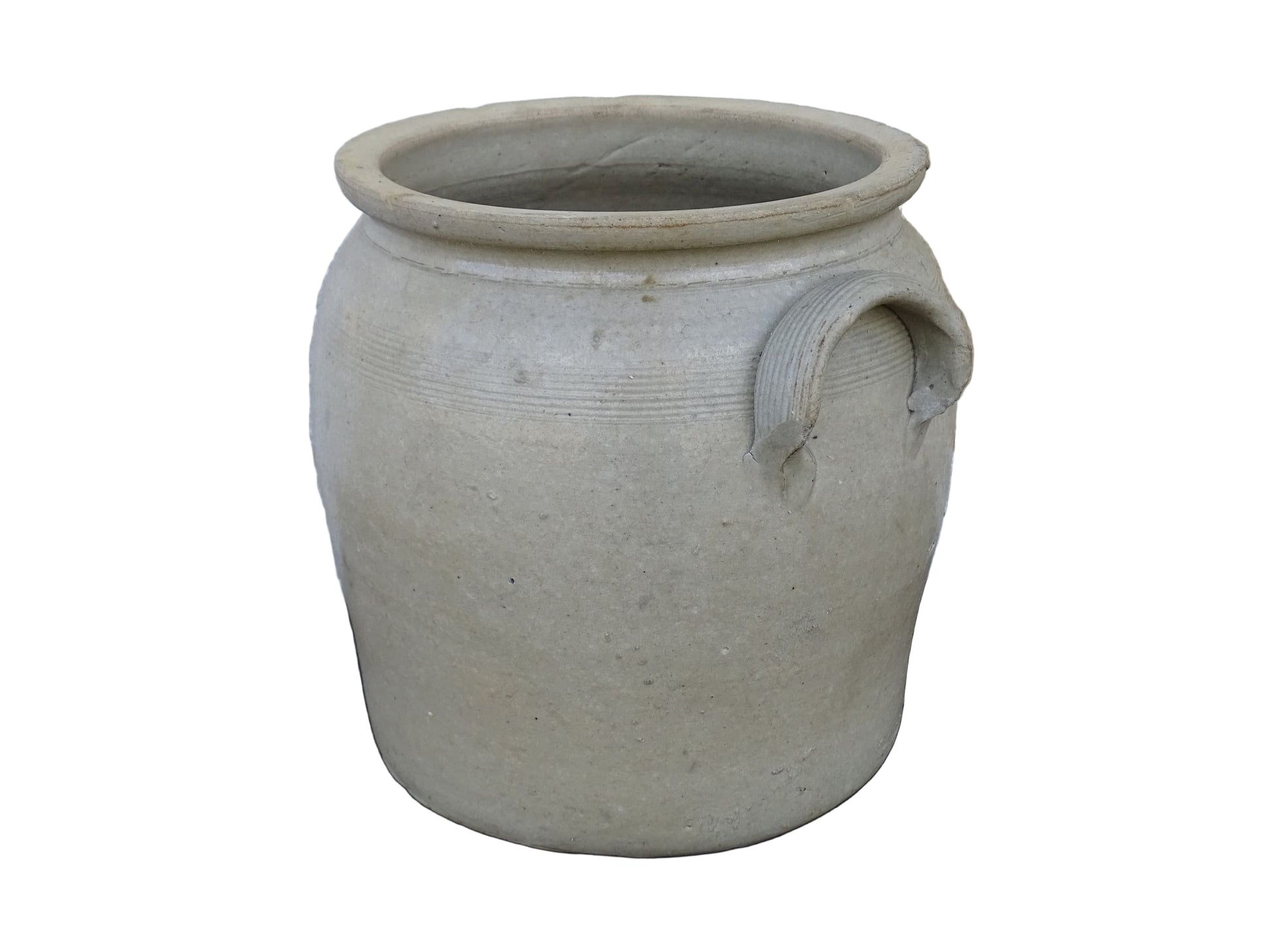 French antique stoneware confit pot with a pale beige glaze. Old cache pot or utensils holder.