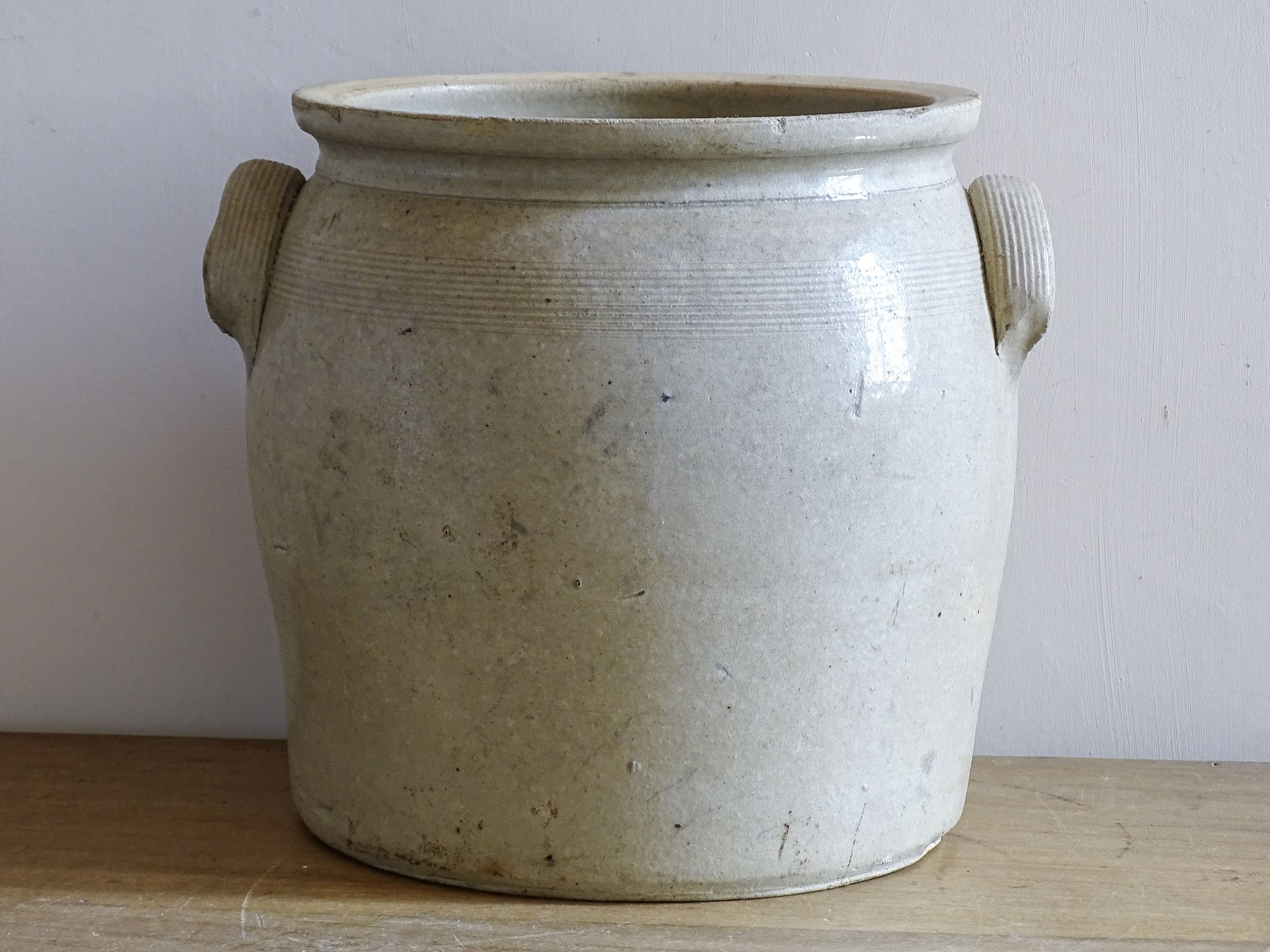 French antique stoneware pot with a pale glaze