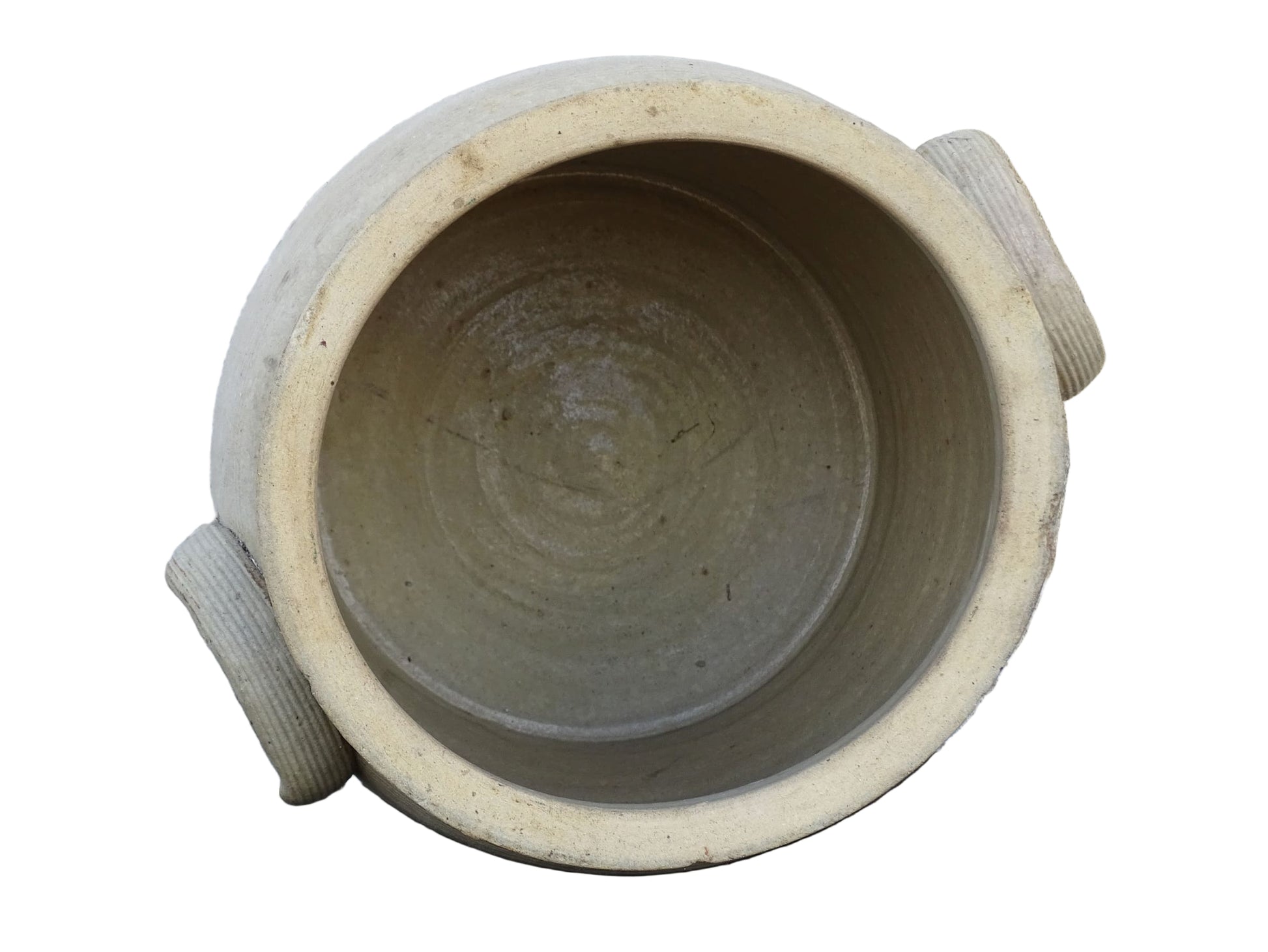 French antique stoneware confit pot with a pale beige glaze. Old cache pot or utensils holder.