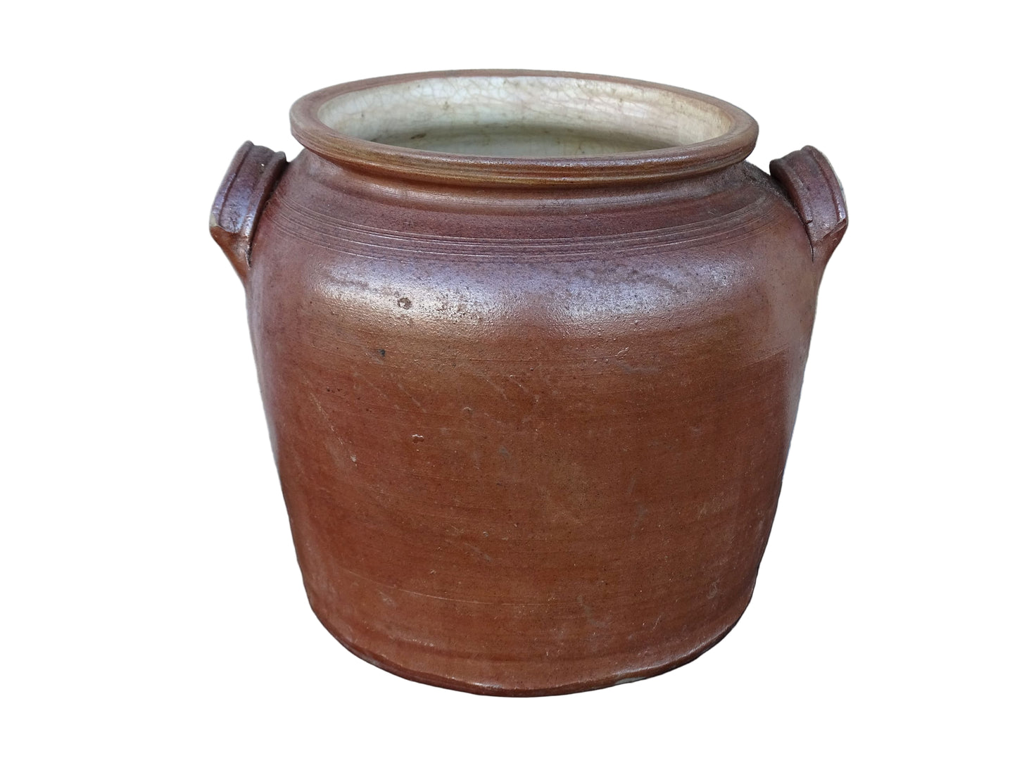 French antique stoneware confit jar with a brown salt glaze. Ceramic cache pot with two handles. 