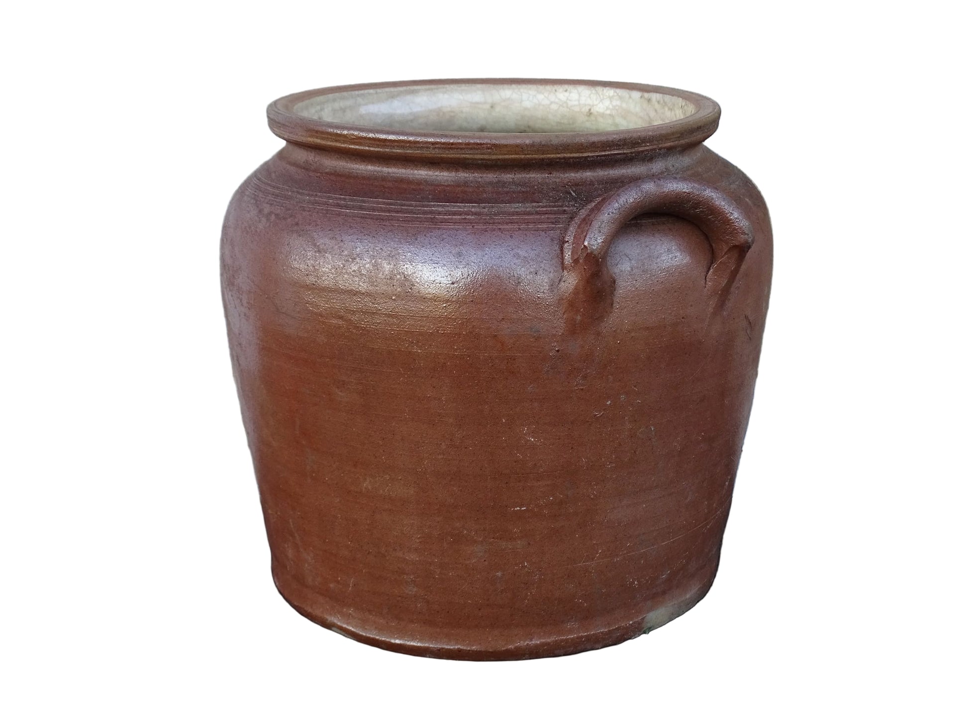 French antique stoneware confit jar with a brown salt glaze. Ceramic cache pot with two handles. 