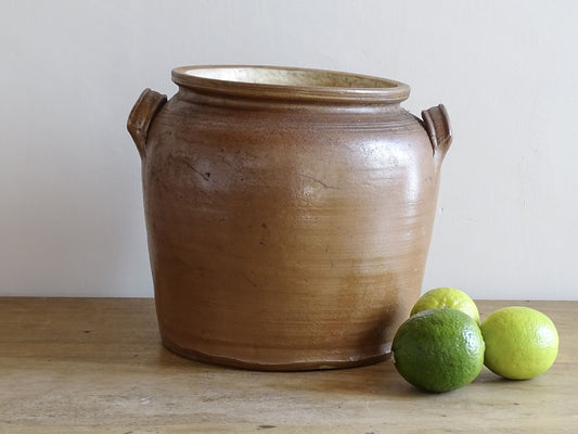 French antique stoneware confit jar with a brown salt glaze. Ceramic cache pot with two handles. 
