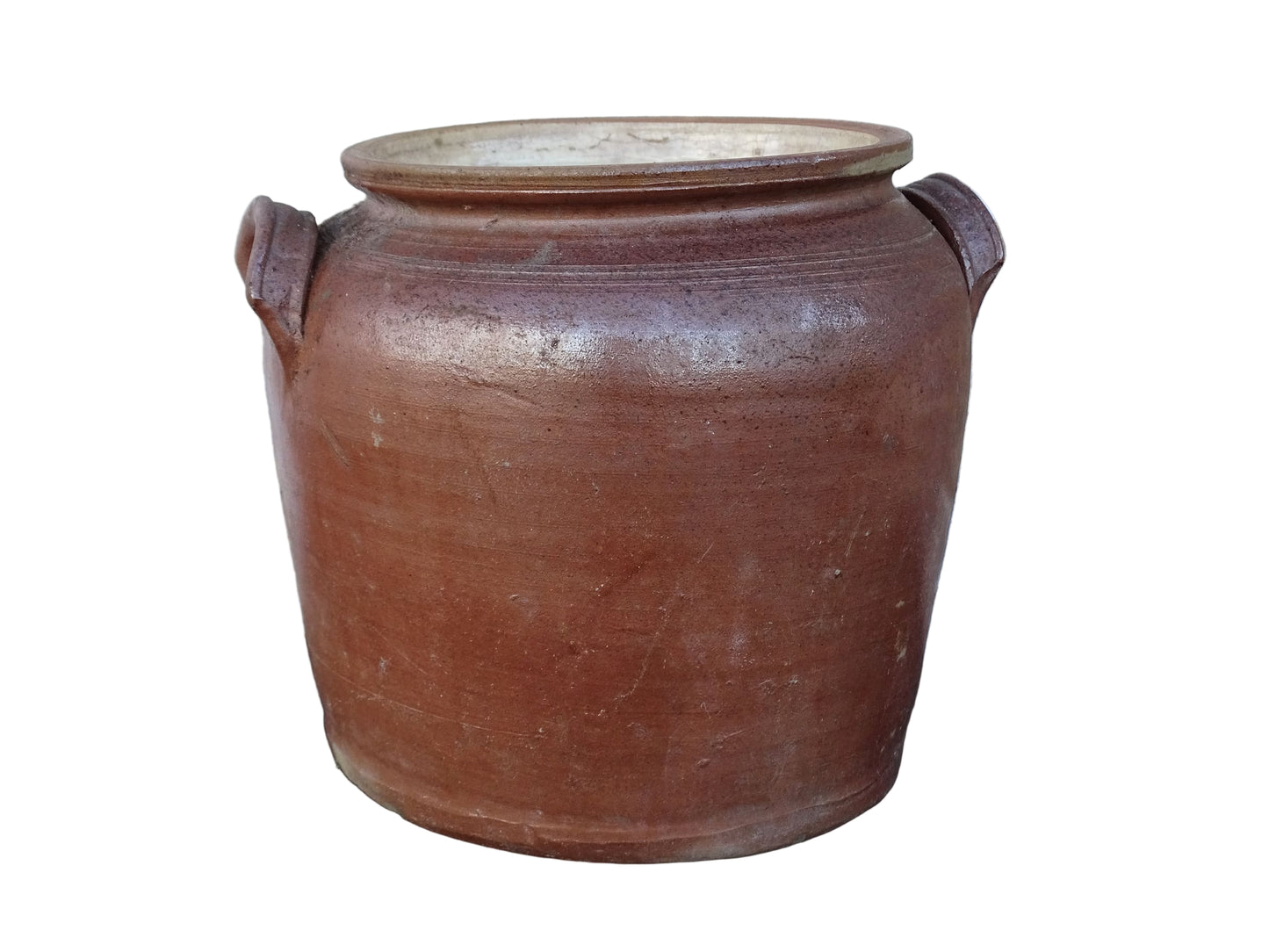 French antique stoneware confit jar with a brown salt glaze. Ceramic cache pot with two handles. 