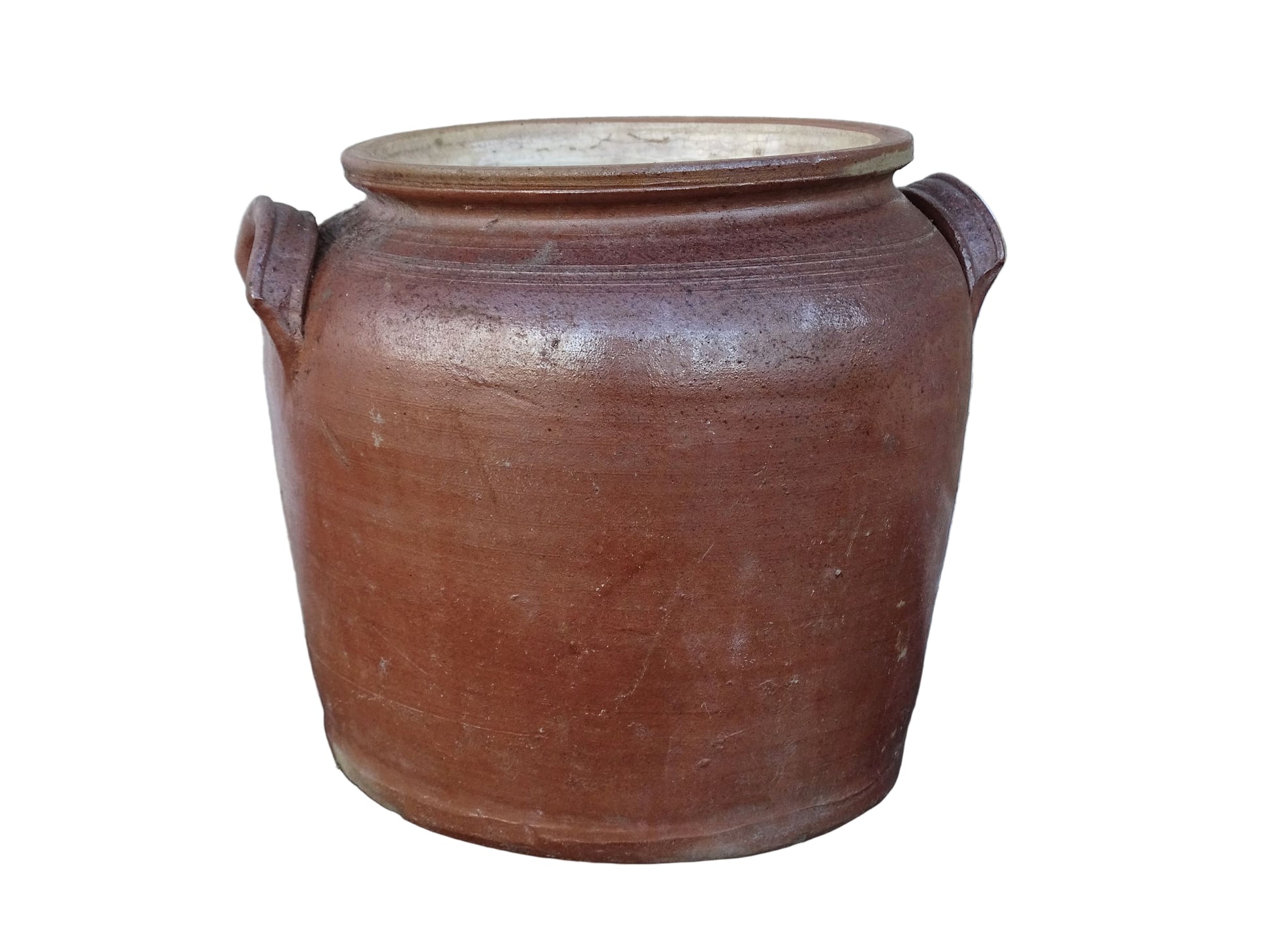 French antique stoneware confit jar with a brown salt glaze. Ceramic cache pot with two handles. 