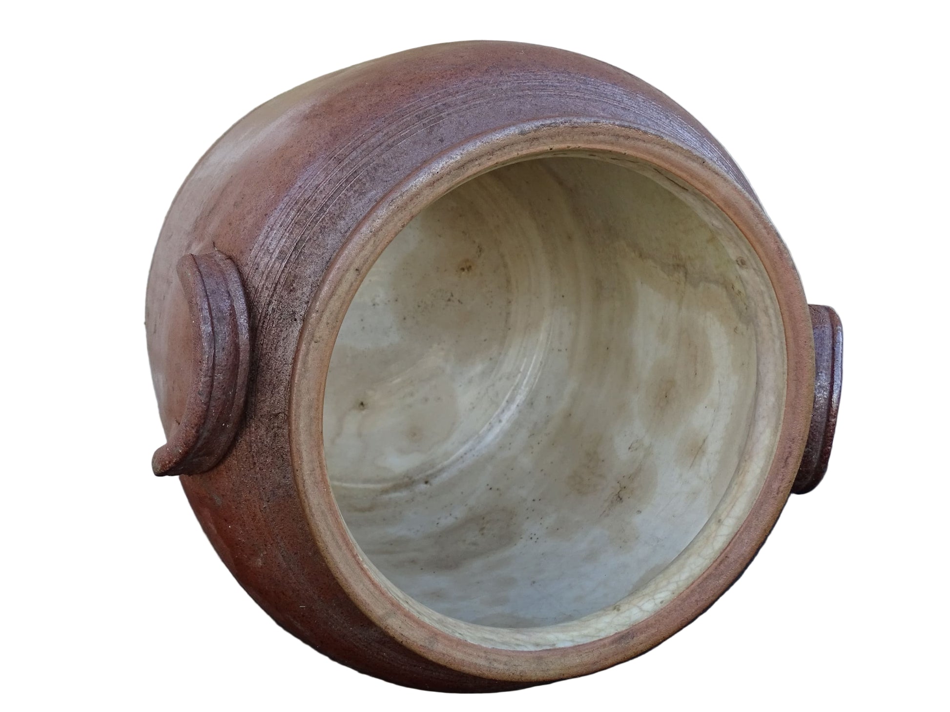 French antique stoneware confit jar with a brown salt glaze. Ceramic cache pot with two handles. 