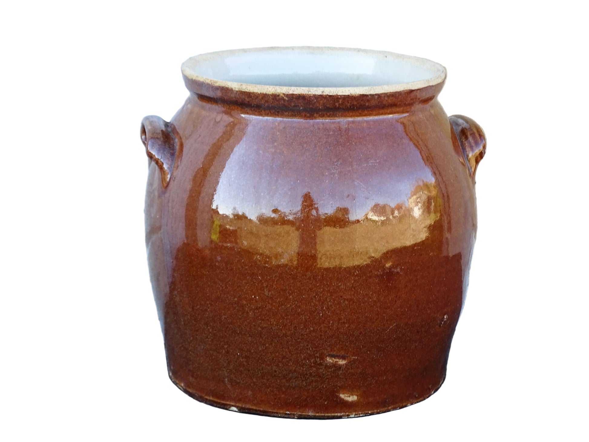 French antique stoneware preserving jar with a brown glaze. Rustic pottery cache pot with a high gloss glaze.