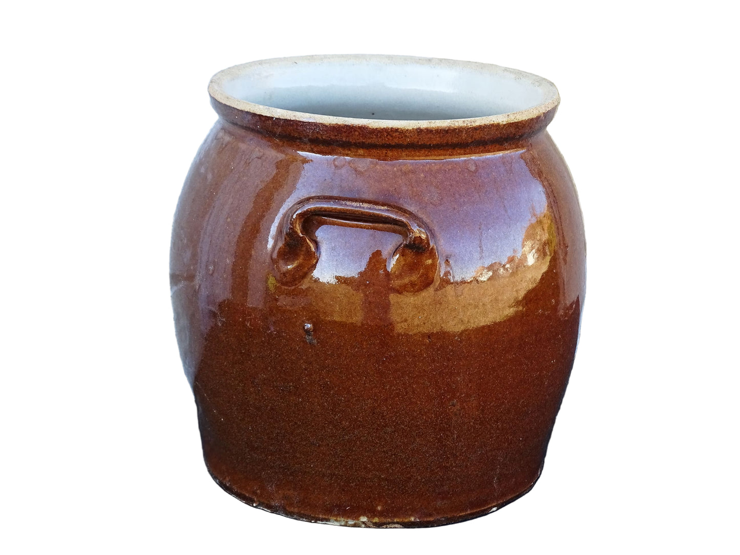 French antique stoneware preserving jar with a brown glaze. Rustic pottery cache pot with a high gloss glaze.