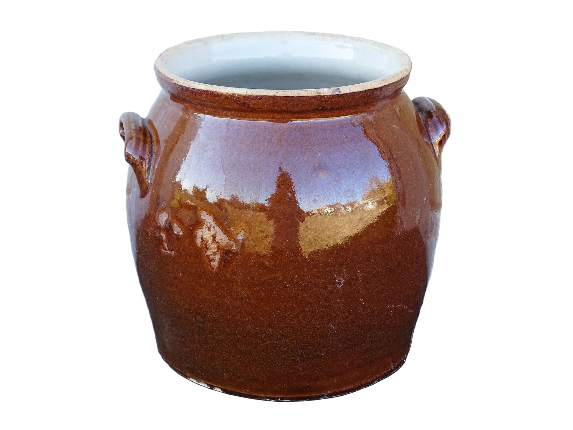 French antique stoneware preserving jar with a brown glaze. Rustic pottery cache pot with a high gloss glaze.