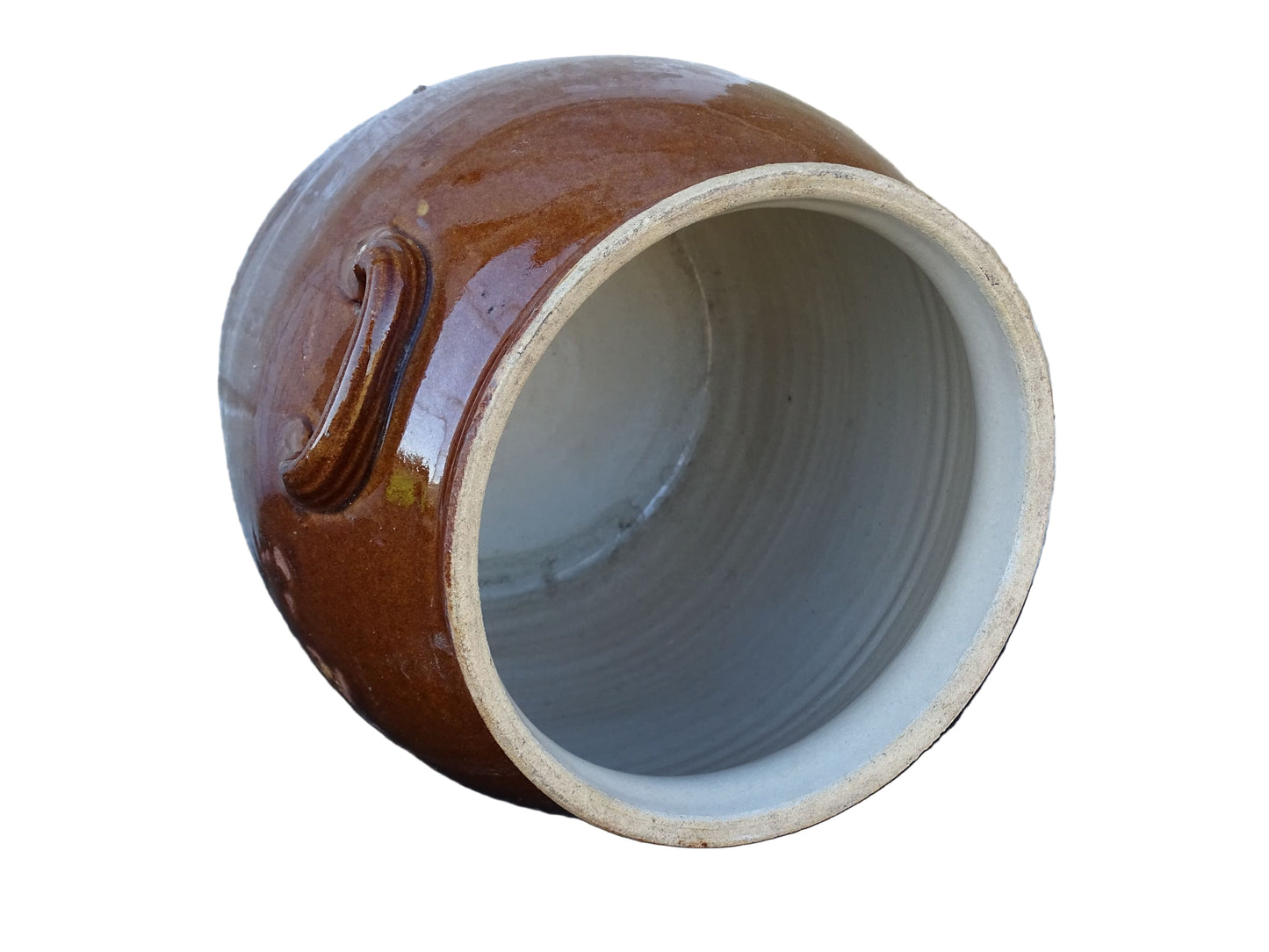 French antique stoneware preserving jar with a brown glaze. Rustic pottery cache pot with a high gloss glaze.