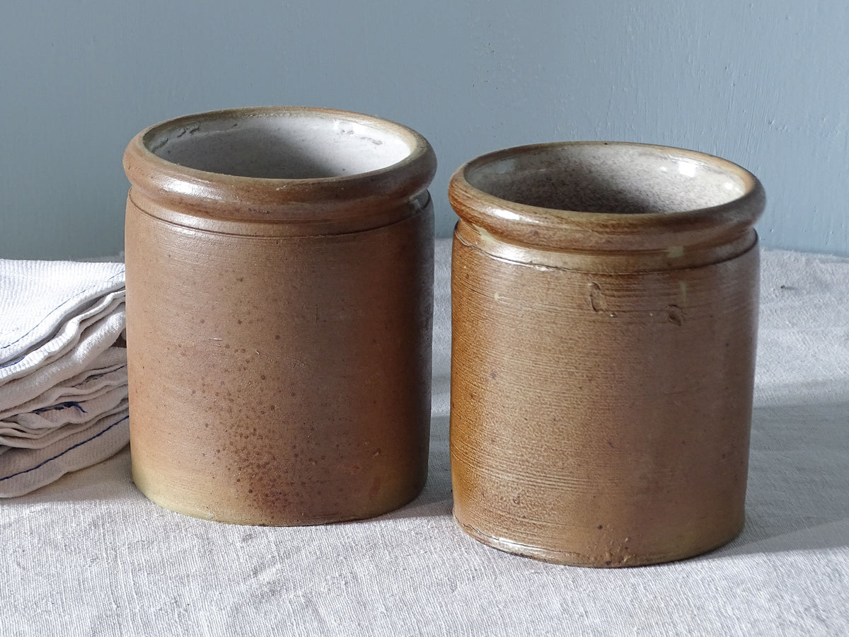 Pair of French vintage stoneware jars with brown glaze 