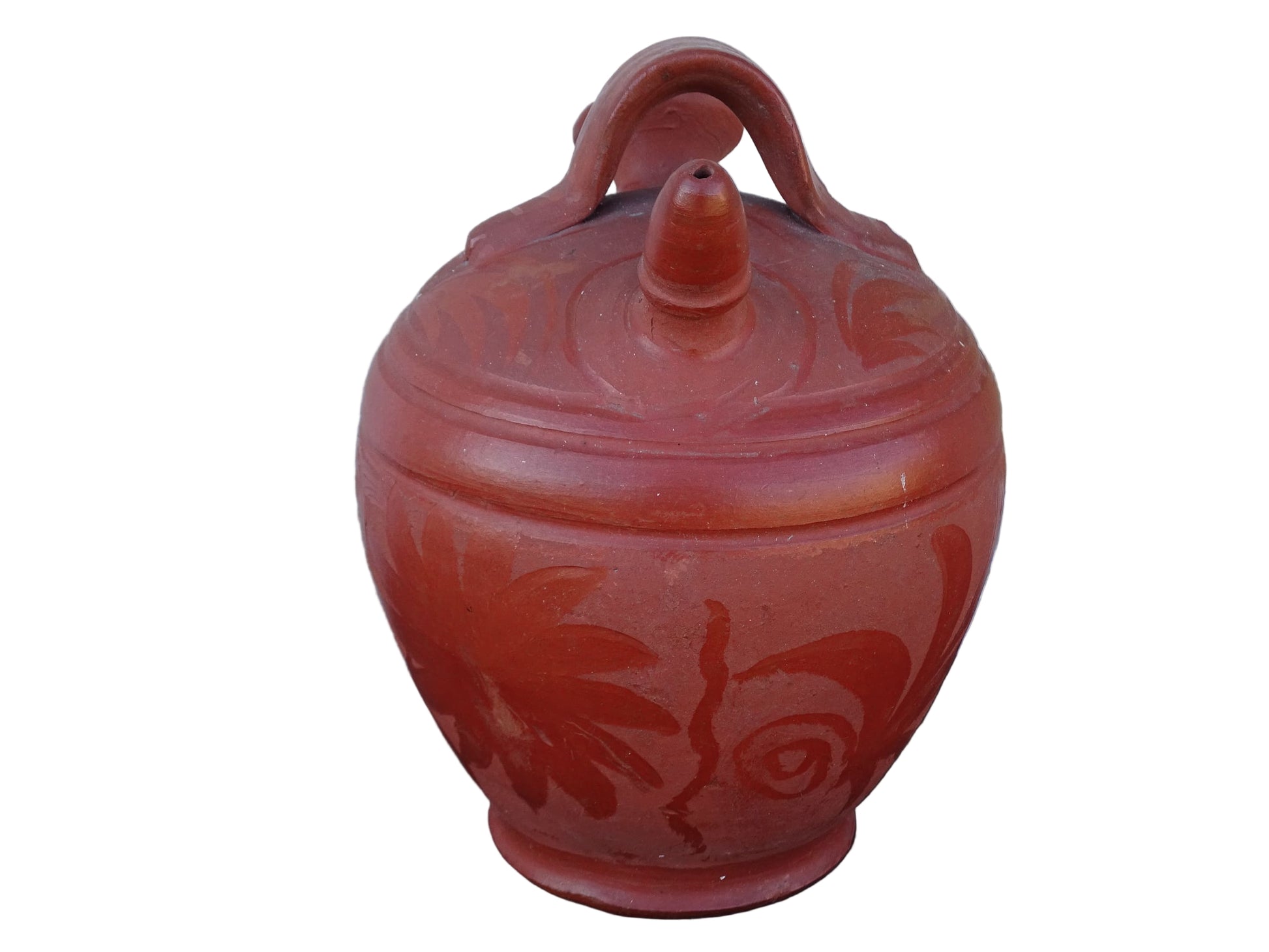 French vintage ceramic gargoulette in a deep red colour with floral detailing. The body of this terracotta jug is a rounded shape with a handle to the top and two spouts.