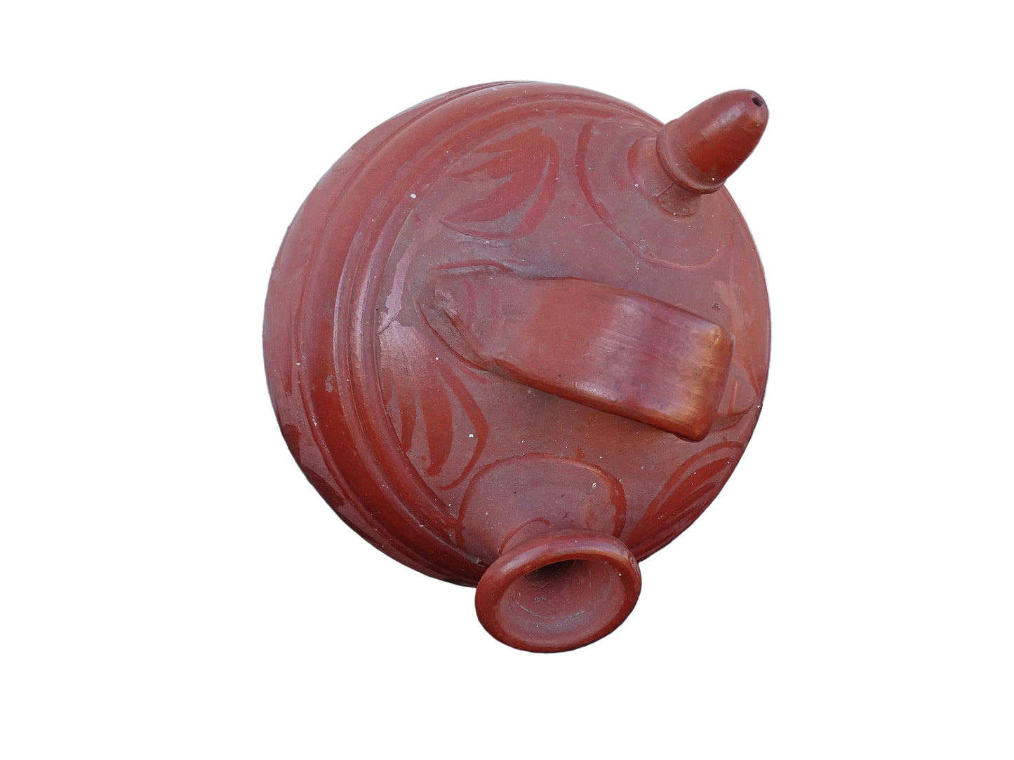 French vintage ceramic gargoulette in a deep red colour with floral detailing. The body of this terracotta jug is a rounded shape with a handle to the top and two spouts.