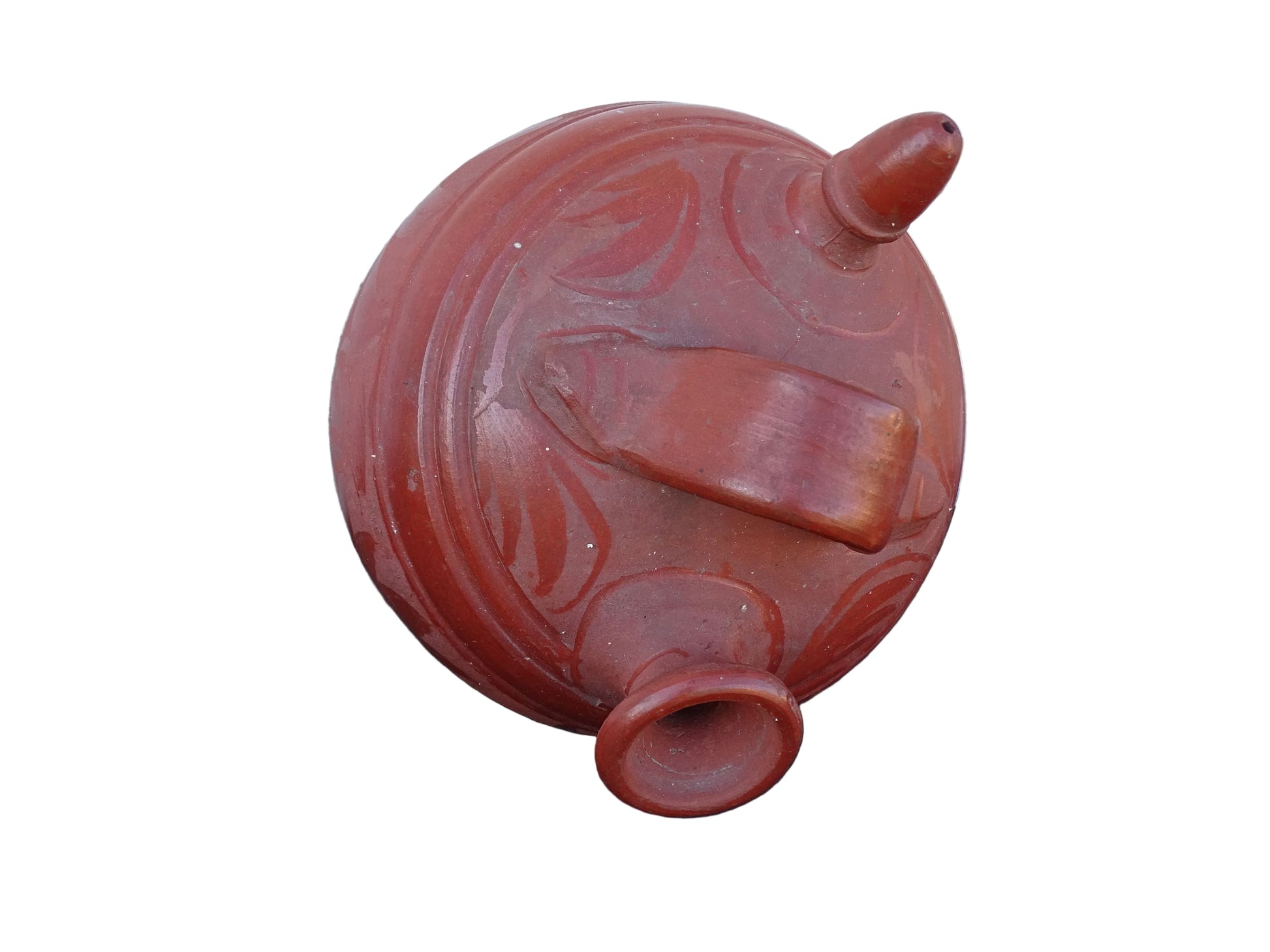 French vintage ceramic gargoulette in a deep red colour with floral detailing. The body of this terracotta jug is a rounded shape with a handle to the top and two spouts.