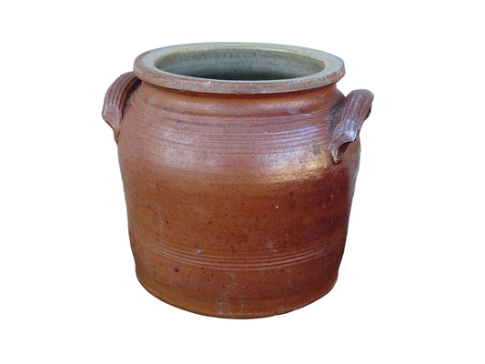 Small French antique pottery confit jar with a brown salt glaze. Rustic stoneware pot.