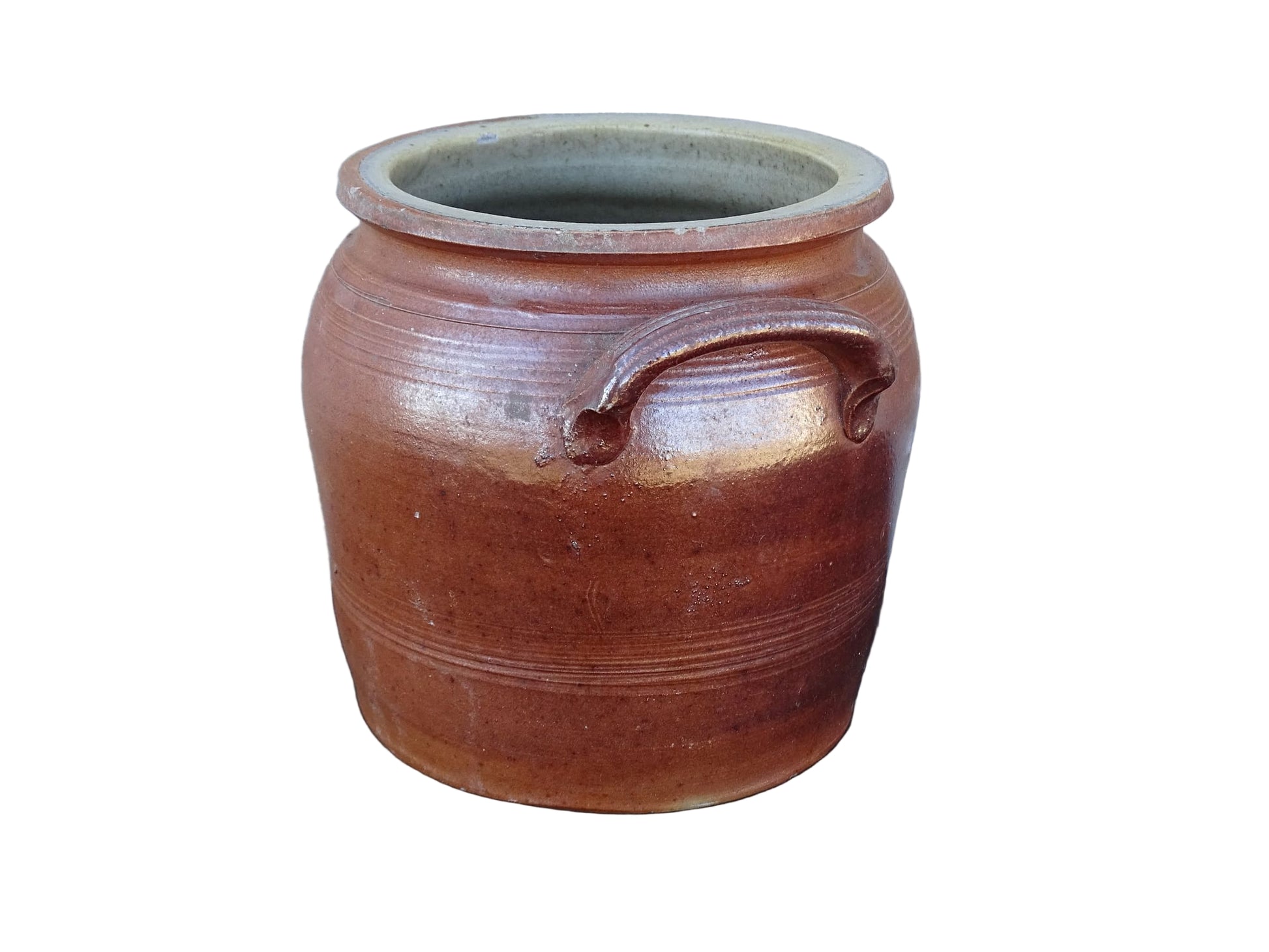 Small French antique pottery confit jar with a brown salt glaze. Rustic stoneware pot.