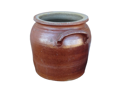 Small French antique pottery confit jar with a brown salt glaze. Rustic stoneware pot.