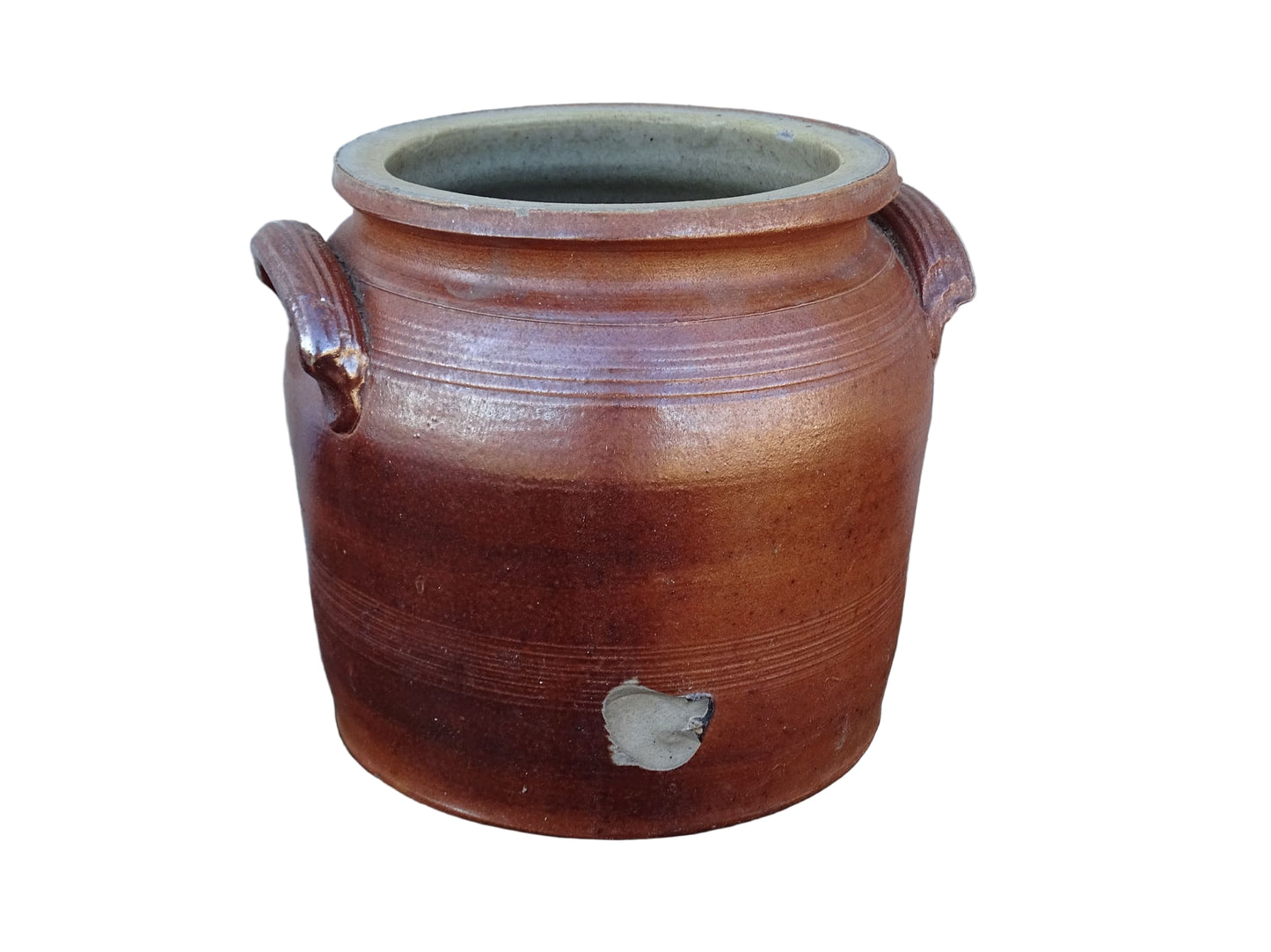 Small French Antique Pottery Confit Jar with Brown Salt Glaze 6"