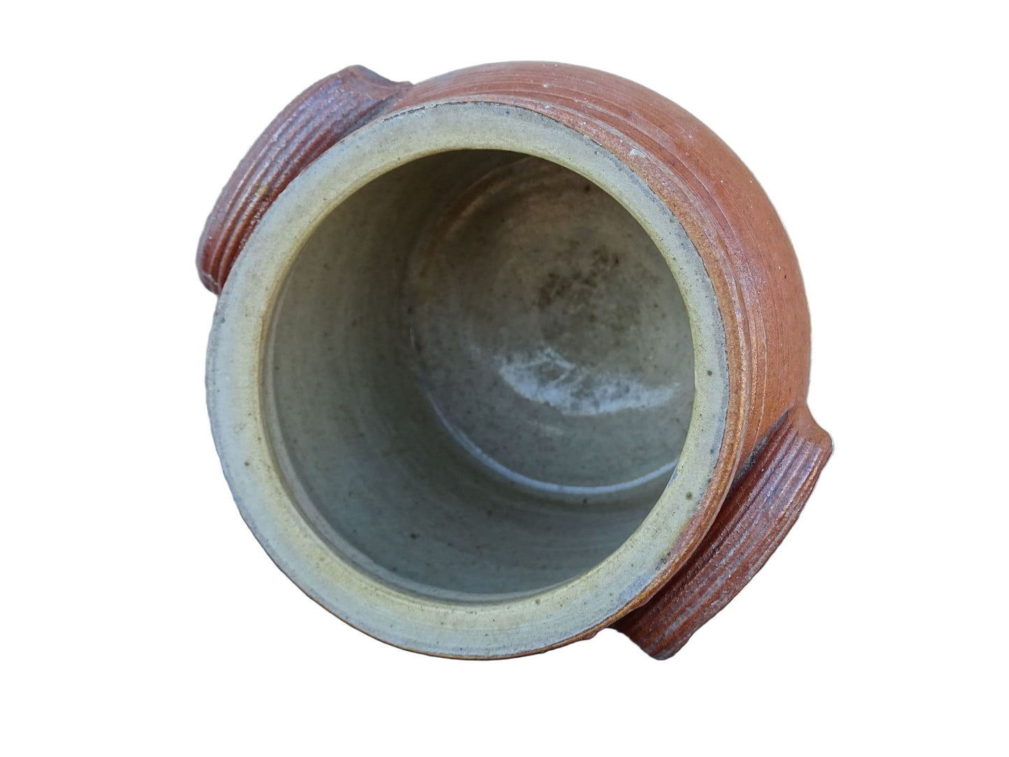 Small French antique pottery confit jar with a brown salt glaze. Rustic stoneware pot.