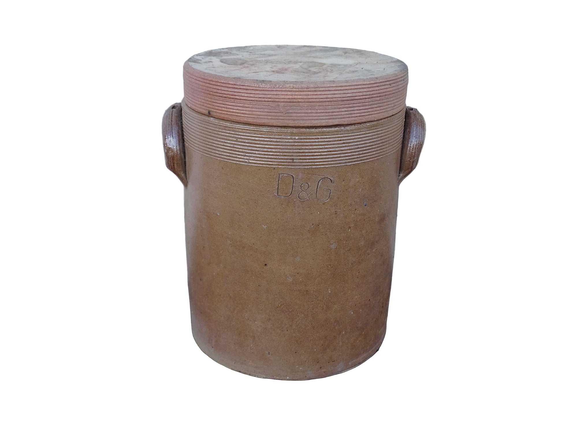 Large vintage French pottery confit jar with lid and handles in a brown glaze.