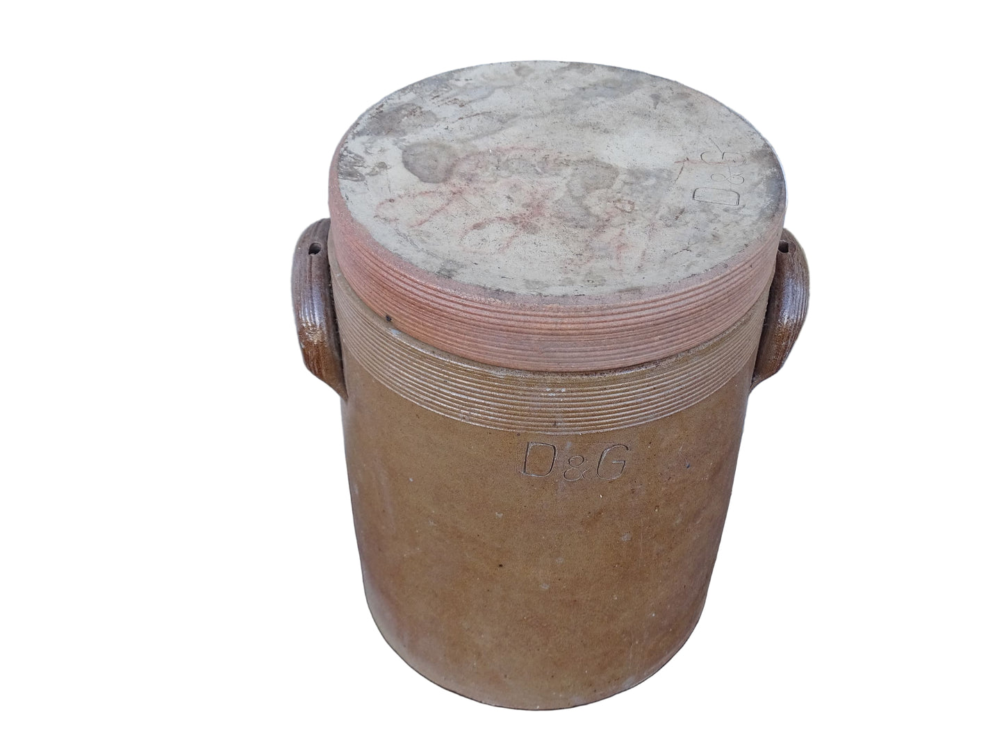 Large vintage French pottery confit jar with lid and handles in a brown glaze.