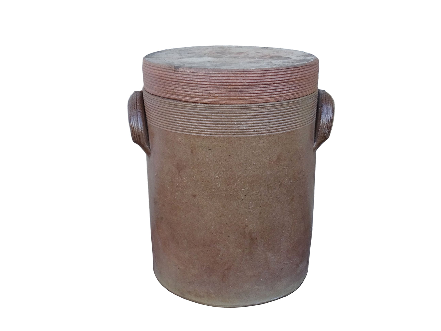 Large vintage French pottery confit jar with lid and handles in a brown glaze.