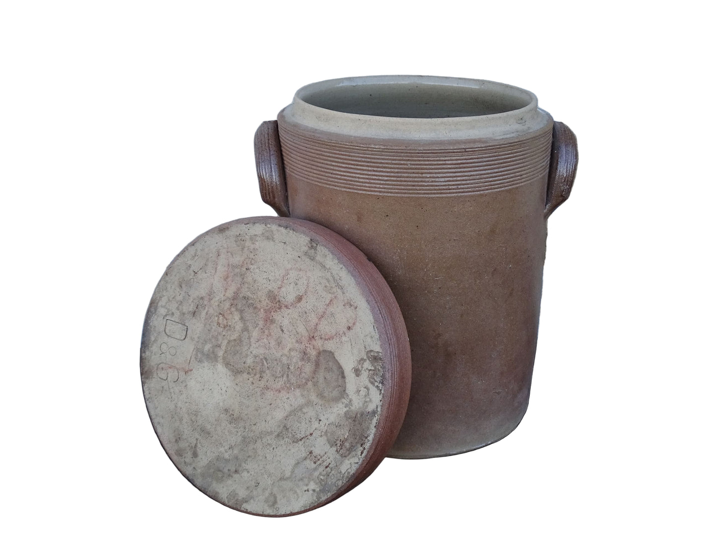 Large vintage French pottery confit jar with lid and handles in a brown glaze.