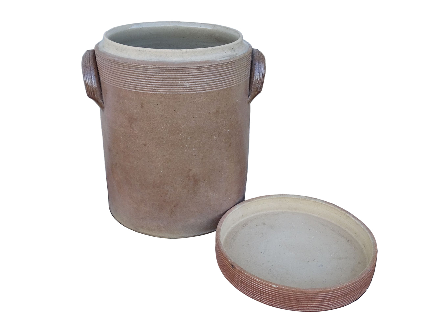 Large vintage French pottery confit jar with lid and handles in a brown glaze.