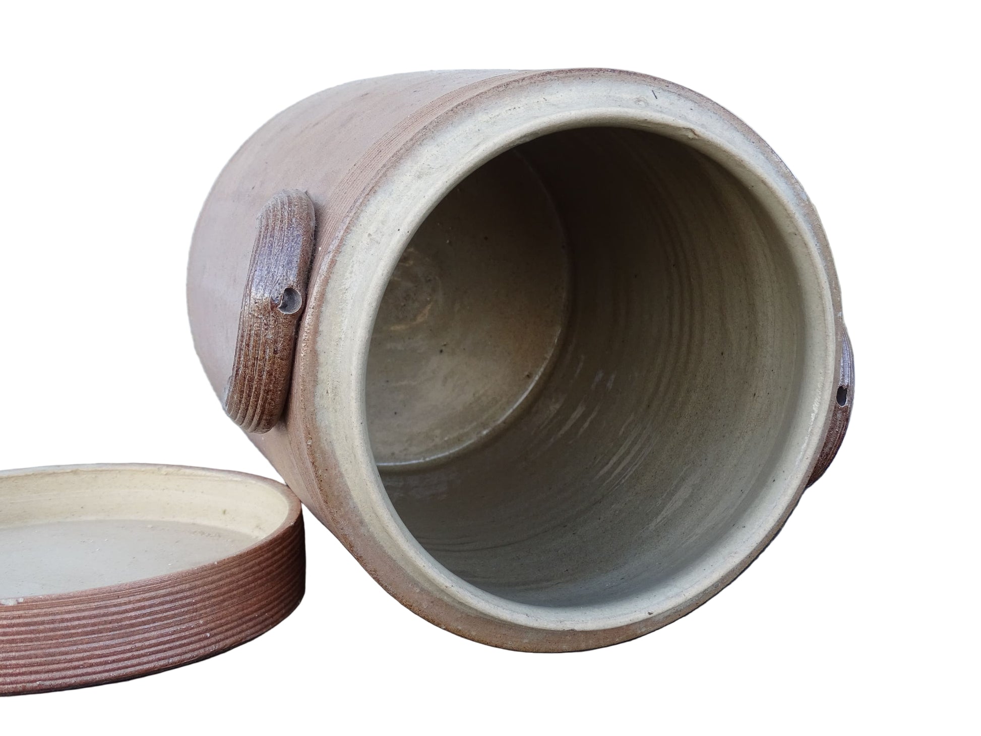 Large vintage French pottery confit jar with lid and handles in a brown glaze.