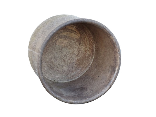 French antique Vallauris ceramic confiture pot. Timeworn pottery jam pot with patina.